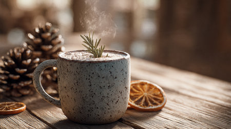 Cup of hot chocolate with rosemary and dried orange slices on wooden table