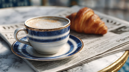 Cup of coffee with croissant and newspaperle table