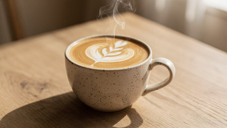 Hot latte art coffee in a cup on wooden table, stock photo