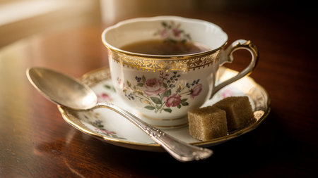 Cup of tea with brown sugar on a wooden table in vintage style