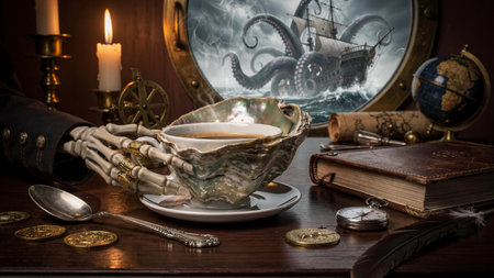 Vintage still life with a cup of coffee, a book, a magnifying glass and a pirate ship