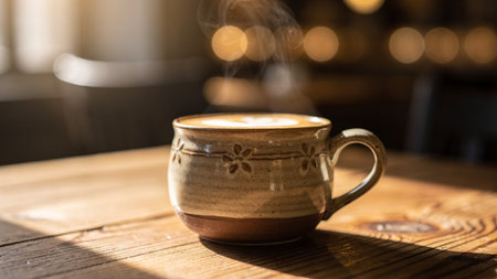 Coffee cup on the wooden table and bokeh background