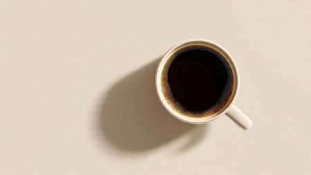 Cup of coffee on a light background. Top view, flat lay