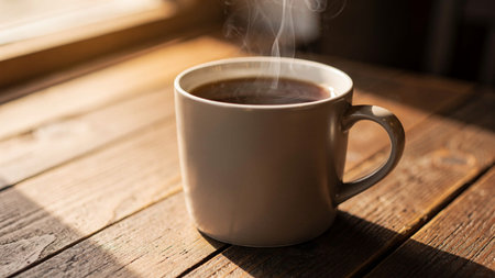 Cup of hot coffee on a wooden table in the morning.