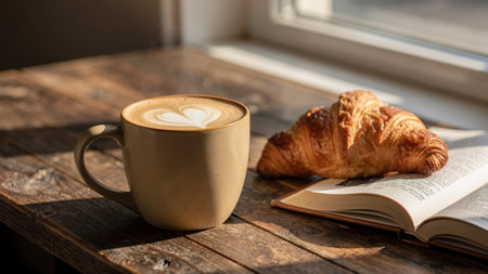 Cup of coffee with croissant and book on wooden table
