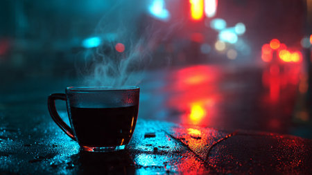 Coffee cup on wet street at night. Foggy city background