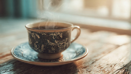 Coffee cup on wooden table in coffee shop, stock photo