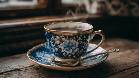 Cup of coffee with saucer and spoon on old wooden table