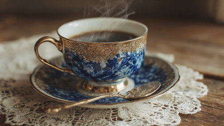 Cup of coffee with saucer and spoon on the wooden table