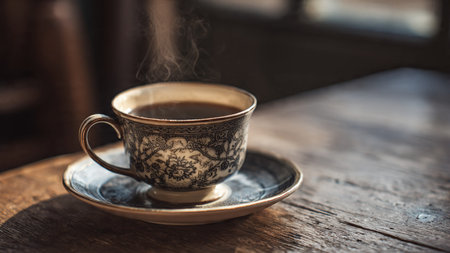 Coffee cup on wooden table in coffee shop, stock photo