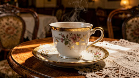 Cup of coffee with saucer on a wooden table in a cafe