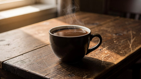 Cup of coffee on a wooden table with a window in the background