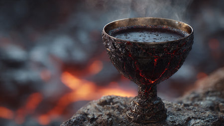 Medieval goblet with wine on the background of the fire