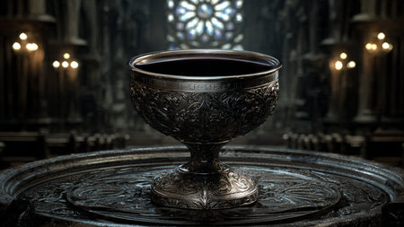 Interior of a church with a cup of black wine in the foreground