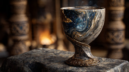 Old glass of wine on the background of the ancient interior of the temple.