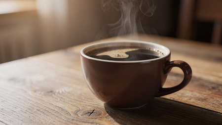 Cup of coffee on wooden table in cafe. Close-up