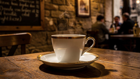Coffee cup on wooden table in a pub. Selective focus.