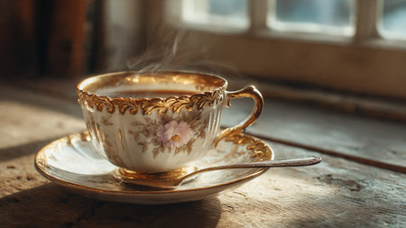 A cup of coffee on a wooden table in a rustic setting