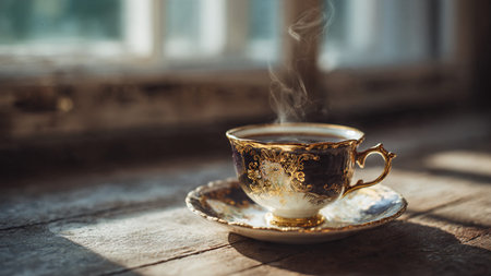 Cup of coffee on a wooden table in the morning light.
