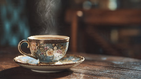 Cup of coffee with steam on wooden table in coffee shop.