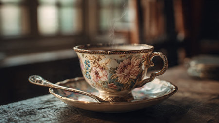 Cup of coffee on the wooden table. Vintage coffee cup.