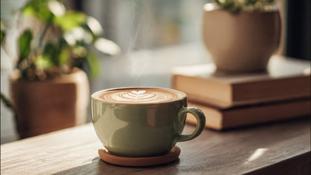 Coffee cup with latte art on wooden table in coffee shop