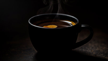 Cup of hot tea with lemon and smoke on a dark background