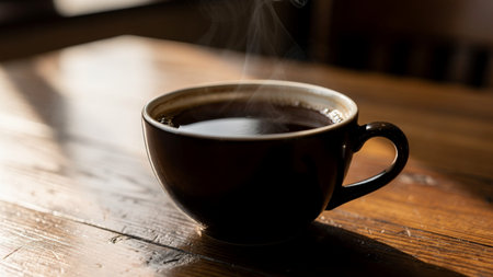 Coffee cup on the wooden table in coffee shop, stock photo