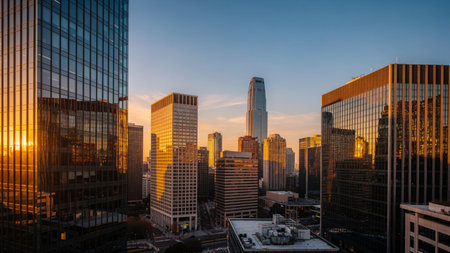 Skyline of downtown Los Angeles, California, USA at sunset.