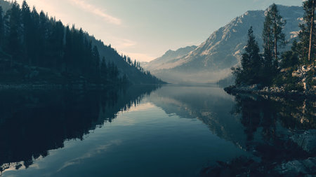 Mountain lake in the mountains at sunrise. Beautiful natural landscape.