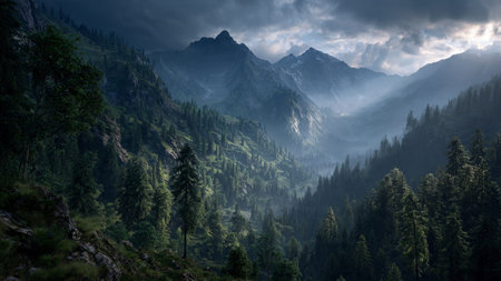 Panoramic view of the mountains in the fog at sunset.