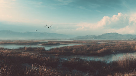 Landscape with foggy meadow and birds flying in the sky