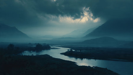 Foggy sunrise over the river. Dramatic sky, dark water and mountains