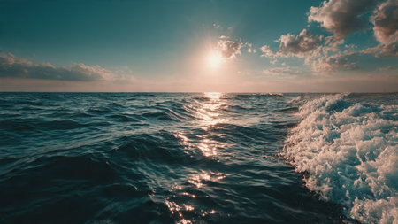 Beautiful sunset over the sea. Seascape with waves and clouds