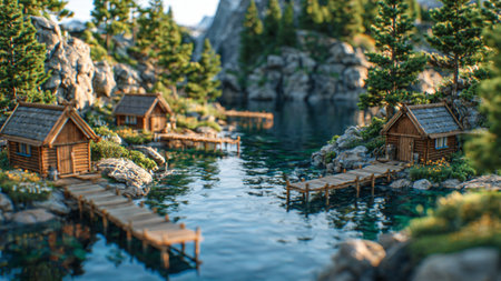Miniature wooden houses on a serene lake.