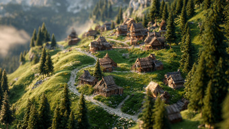 Wooden huts in the Dolomites mountains, Italy.