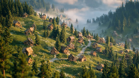 Fantastic alpine landscape with small wooden huts in the mountains