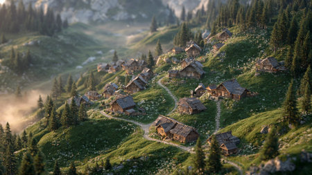 Houses on the mountain in the rays of the setting sun.