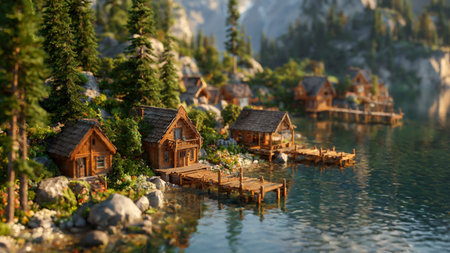 Miniature wooden houses on the lake in the mountains at sunset.