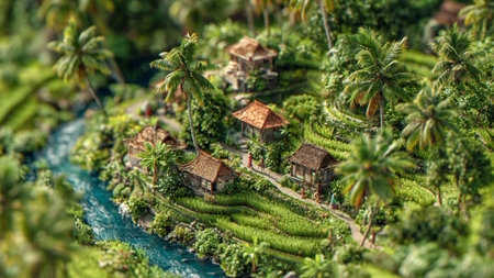 Tropical island with palm trees and bungalows in Bali, Indonesia