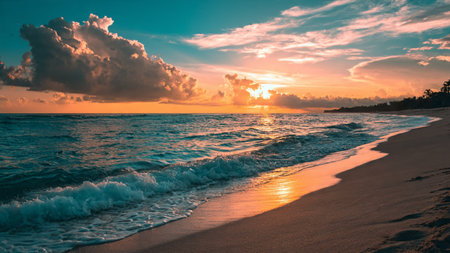 Beautiful sunset on the beach of the Caribbean Sea in Dominican Republic