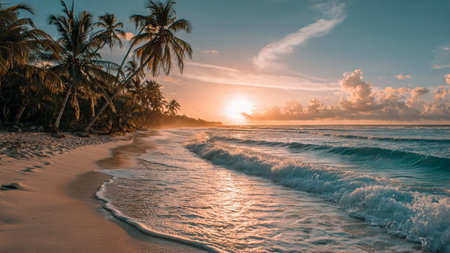Tropical beach with palm trees at sunset.