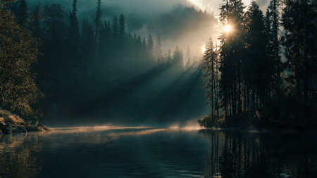 Sunrise over the lake with fog and mist in the forest.