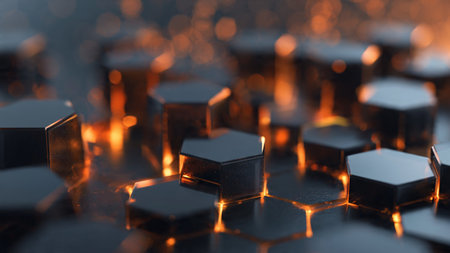 3d illustration of black hexagonal shapes on black background with golden light