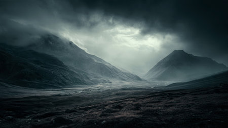 Beautiful mountain landscape in Glencoe, Scotland, UK. Dramatic sky over mountains.
