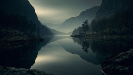 Foggy morning in a mountain lake. Beautiful autumn landscape.