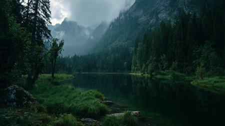 Alpine lake in the middle of the forest with fog in the background