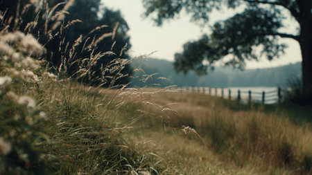 Autumn landscape with grasses on the shore of a lake.