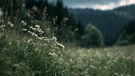 summer meadow with daisies and forest in the background