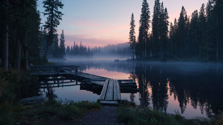 Lake with pier at sunrise in Yosemite National Park, California, USA